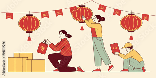 Family members are actively preparing for a festive celebration, hanging traditional red lanterns and handling decorative red envelopes, showcasing cultural customs.