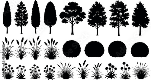 Garden tree and grass silhouettes set with shrubs plants, landscaping nature black vector illustration flavector