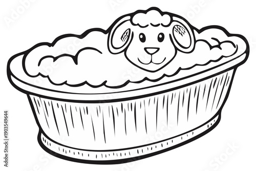 Cartoon sheep in a tub with bubbles. Funny animal in bathtub vector illustration