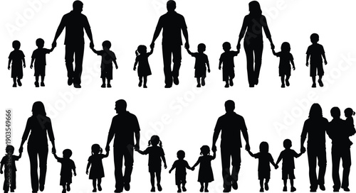 Family silhouette icon set, parent child group illustration, diverse household graphic pack, family diversity design artwork, black and white vector