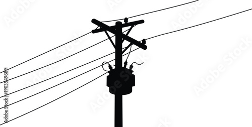 Silhouette of electrical transformer utility pole, black vector artwork, showing power lines, high voltage transmission, for energy infrastructure illustrations