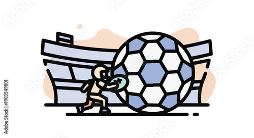 Dynamic soccer player illustration with giant football in a stadium setting, representing professional sports, competition, championship games, and events.