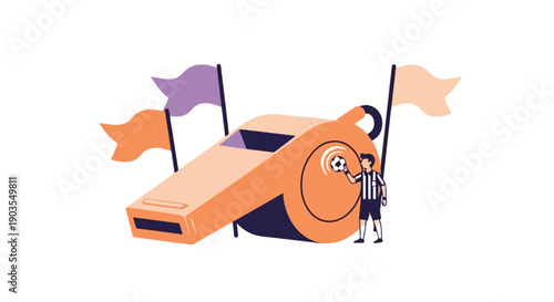 Large orange whistle illustration with a soccer referee holding a ball, representing fair play, rules, and sports competition.