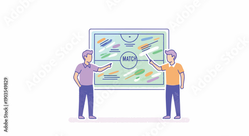 Two coaches or strategists analyzing a football match plan on a whiteboard, discussing tactics and game strategy for a successful team performance.