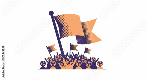 Dynamic illustration of a spirited crowd of people with raised hands and flags, representing a protest, demonstration, or a mass gathering.