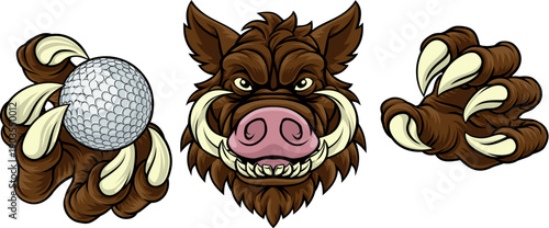 A wild boar, hog razorback warthog pig mean tough cartoon sports mascot holding a golf ball