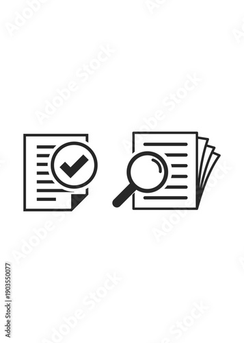 Set of black and white icons representing approved paperwork and thorough document inspection with a magnifying glass.