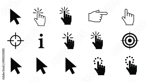A collection of various cursor and hand gesture icons in black and white Vector