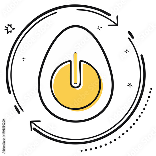 Egg-shaped power icon with rotating arrows depicts rebirth or cyclical process