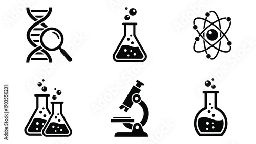 Scientific icons representing various aspects of scientific research and discovery Vector