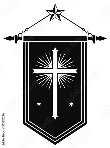 Christian Banner with Shining Cross and Star Decorative Element