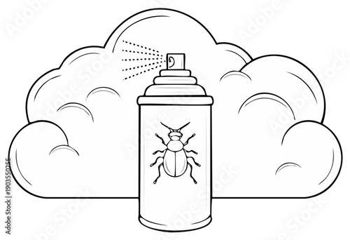 Pest control spray can with beetle illustration emitting insecticide vapor silhouette