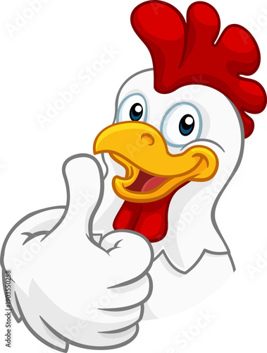 A chicken cartoon rooster cockerel character mascot giving a thumbs up.