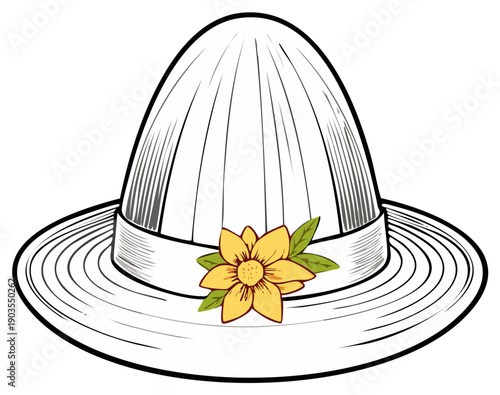Classic explorer pith helmet illustration with a vibrant yellow flower and green leaves
