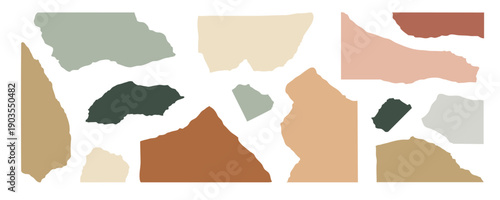 Paper pastel shape torn tag and edge rough brush. Rip label vector abstract collage. Frame graphic papers