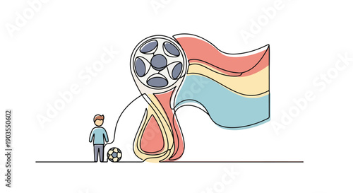 Minimalist illustration of a person playing soccer with a trophy and flag in the background