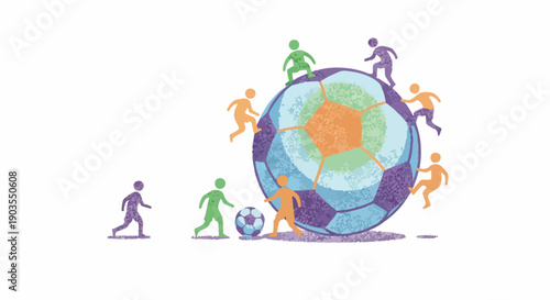 Vibrant illustration depicting diverse, stylized people collaborating around a large soccer ball, symbolizing global teamwork, unity, and sportsmanship.