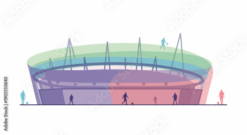 Vibrant abstract stadium illustration with colorful translucent layers and stylized people playing sports, depicting modern architecture, community, and event venues.