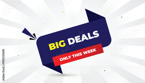 big deals only this week web banner vector art illustration template design editable eps format deep blue red gradient shapes yellow bold font white gray abstract illustration sun shine business backg
