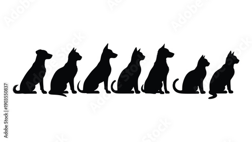 Silhouettes of six different dog breeds sitting in a row Vector