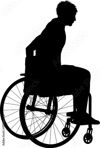 Silhouette of a man sitting in a wheelchair, side profile, symbolizing disability, accessibility, and independence. Ideal for healthcare, mobility, rehabilitation, and inclusive lifestyle themes.