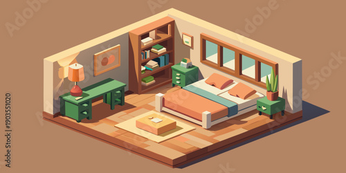 Habitación low poly isometrica color beige, cuarto pequeño 3d con luz natural, dormitorio aesthetic, creado con IA generativa