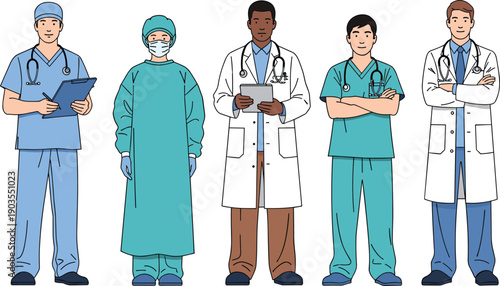 Diverse medical professionals illustration, doctors surgeons nurses standing together, healthcare staff teamwork concept, modern flat vector characters, hospital clinical workers set