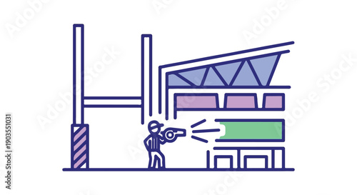 Sports stadium maintenance worker cleaning seating area with pressure washer, flat illustration