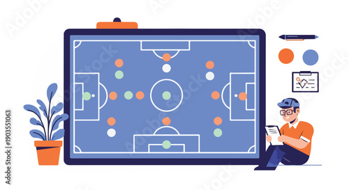Football coach analyzing tactics on a digital board, planning strategy for a soccer game