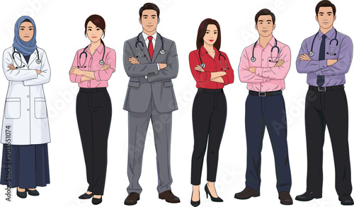 Diverse professional doctors illustration, male female medical staff standing confidently, healthcare teamwork concept, modern flat vector characters, clinic hospital professionals