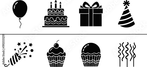 Birthday and celebration icon set, party elements silhouette with cake, balloons, gift box, cupcake, and confetti, festive event decoration symbols.