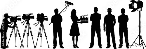 Film crew silhouettes set, movie production team with cameras, lighting, and sound equipment, cinematography professional staff working on movie set.