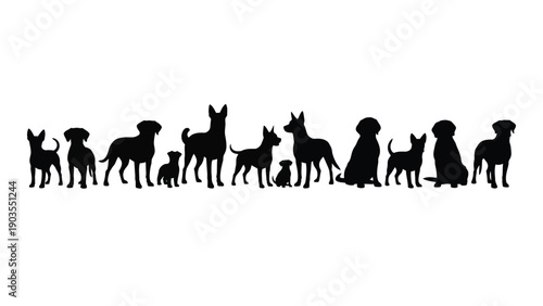 A diverse group of dog silhouettes showcasing various breeds and sizes Vector