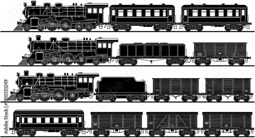 Vintage steam engine train silhouettes set, locomotive with passenger and freight wagons, classic railway transportation, historical steam train icons.