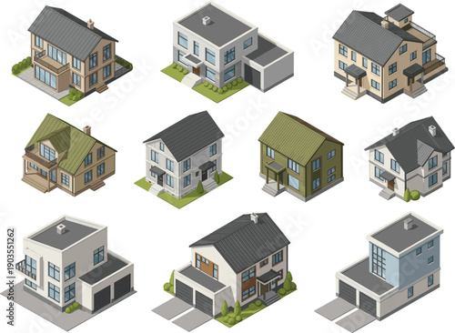 Isometric modern houses vector set with residential home buildings garages rooftops and suburban neighborhood architecture elements
