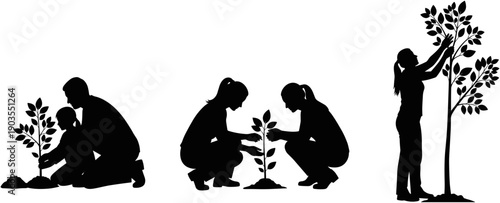 Silhouettes of people planting trees and caring for nature, environmental conservation, community gardening, family reforestation, sustainability, and green ecology icon.