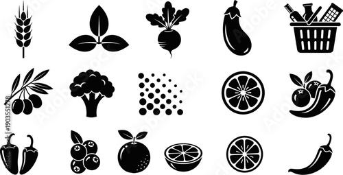 Organic fruit and vegetable icons set, healthy food silhouette icons, grocery shopping basket, farm fresh produce, vegan and vegetarian nutrition.