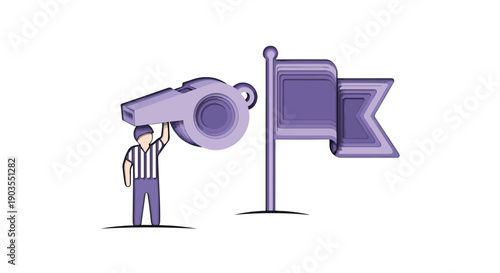 Referee with a large whistle and flag, symbolizing sports, rules, and officiating in a game.