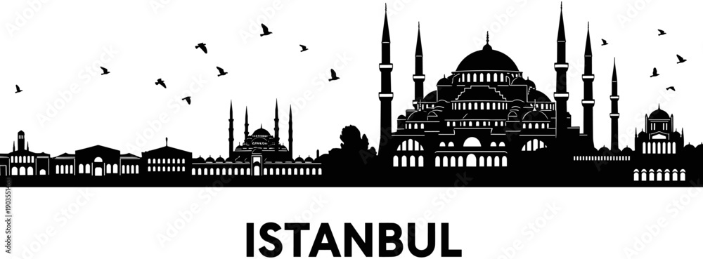 Naklejka premium Istanbul city skyline silhouette with Blue Mosque and flying birds, Turkish landmark travel destination, black vector isolated on white background.