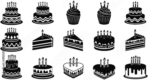 Set of birthday cake icons, cupcakes, and dessert slices with candles in black silhouette style for celebration and party design.