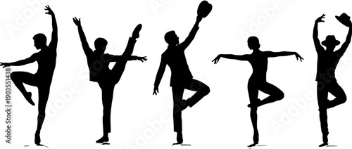 Black silhouettes of diverse male and female dancers performing ballet, jazz, and contemporary dance moves isolated on a white background.