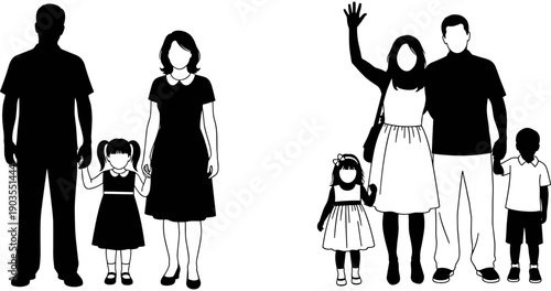 Vector silhouette illustration of two happy families with young children standing together, set of diverse family groups on white background