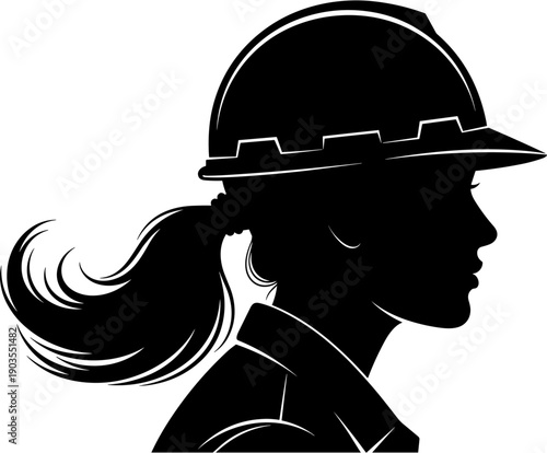Side profile silhouette of a female construction worker wearing a hard hat and safety gear, woman engineer in industrial profession