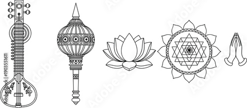Indian spiritual line icons featuring veena instrument, ceremonial mace, lotus flower, sacred yantra mandala, and praying hands symbol for religion, meditation, and cultural design illustration