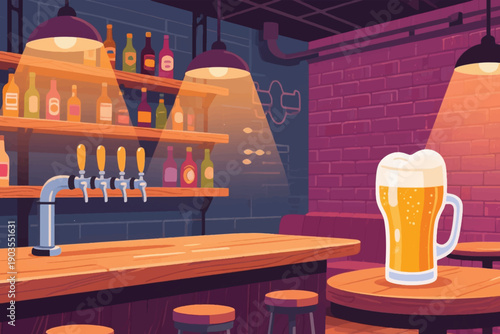 Cozy bar interior with wooden counter, beer taps, shelves of bottles, neon decor, and frothy beer mug on round table.