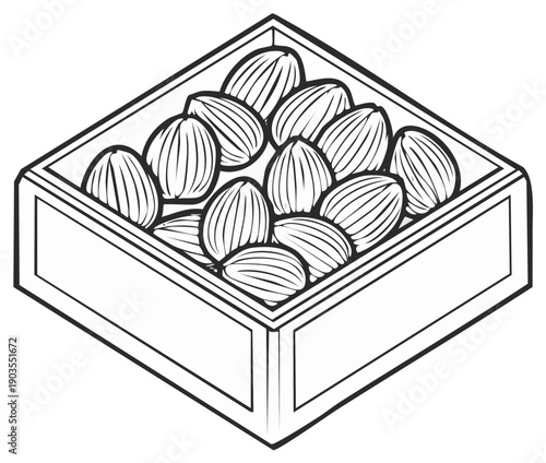Isometric Almonds in Box Outline Illustration: A simple hand-drawn image of almonds in a square box, ideal for food related designs