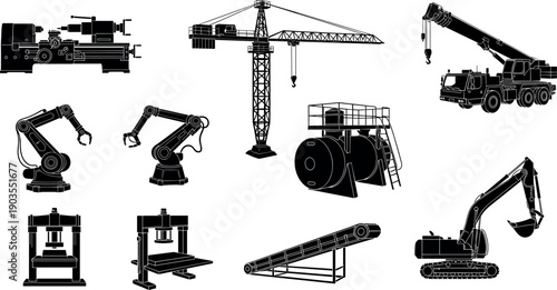 Industrial machinery silhouette collection with factory equipment crane robotic arm press conveyor and excavator, manufacturing and engineering illustration set isolated on white background