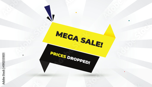 mega sale prices dropped editable eps format web banner vector art illustration template design black gray yellow shapes bold font white gray gradient abstract illustration sun shine business backgrou