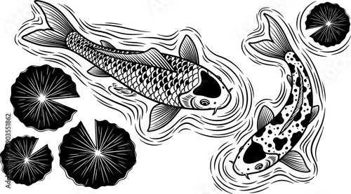 Japanese koi fish illustration set with flowing water and lotus leaves, traditional tattoo style black and white line art design