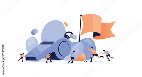 Soccer game concept with tiny players around a giant whistle and orange flag, representing sports and competition